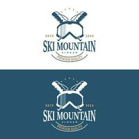 åka skidor sport logotyp, vinter- snö sporter design retro årgång vektor illustration