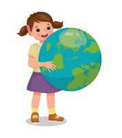 süß wenig Mädchen umarmen Erde Globus zeigen Pflege zum das Planet feiern Erde Tag vektor