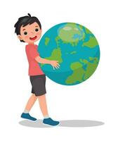 süß wenig Junge umarmen Erde Globus zeigen Pflege zum das Planet feiern Erde Tag vektor