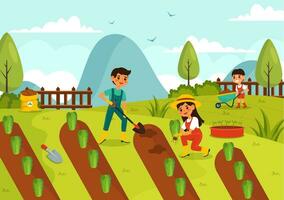 växande grönsaker vektor illustration med skörda, jordbruk olika vegetabiliska och organisk naturlig beskära på en trädgård i barn tecknad serie bakgrund design