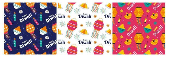 einstellen von glücklich Diwali nahtlos Muster Illustration Design mit Licht Festival von Indien Ornament im Karikatur Hand gezeichnet Vorlage vektor