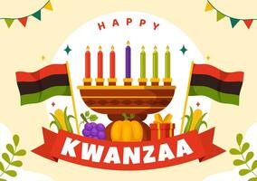 glücklich Kwanzaa Vektor Illustration mit Mazao, zawadi, mkeka, Kinara, Geschenke, Tasse, Kerzen im traditionell Urlaub afrikanisch Symbol eben Karikatur Hintergrund