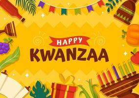 glücklich Kwanzaa Vektor Illustration mit Mazao, zawadi, mkeka, Kinara, Geschenke, Tasse, Kerzen im traditionell Urlaub afrikanisch Symbol eben Karikatur Hintergrund