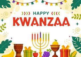 glücklich Kwanzaa Vektor Illustration mit Mazao, zawadi, mkeka, Kinara, Geschenke, Tasse, Kerzen im traditionell Urlaub afrikanisch Symbol eben Karikatur Hintergrund