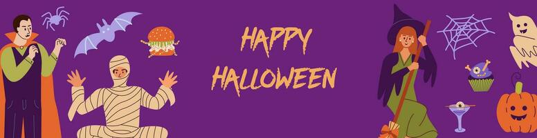 Halloween Atmosphäre horizontal lange Banner Hexe unheimlich Karneval Kleidung. glücklich Menschen beim Maskerade Halloween Party. vektor