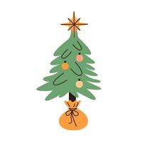 Weihnachten Baum im Topf. traditionell Weihnachten Tanne dekoriert zum Winter Feiertage. festlich Tannenbaum mit Bälle. Urlaub Zimmer Dekoration. vektor
