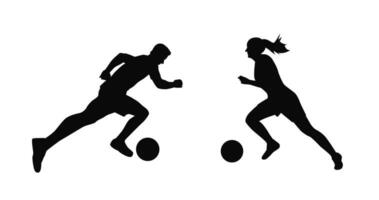 Fußball Spieler Silhouette, Mann, Frau mit Ball vektor