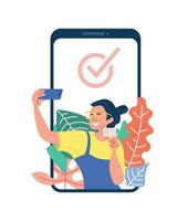 kvinna med id kort tar en selfie för verified konto vektor