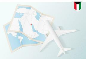 resa till kuwait, topp se flygplan med Karta och flagga av kuwait. vektor