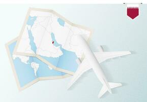 Reise zu Katar, oben Aussicht Flugzeug mit Karte und Flagge von Katar. vektor