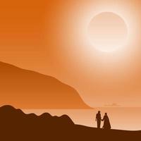 två förälskade personer vid solnedgången på stranden vektor