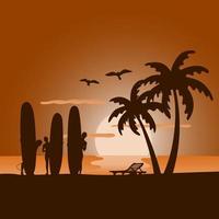 sommarstrand med människor och surfbräda i solnedgångbakgrund vektor