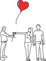 Frau mit ihrem neuen Liebhaber schneidet roten Herzballon vektor