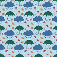 süßes nahtloses Muster mit handgezeichnetem Regenschirm, Regenwolke, Blättern vektor