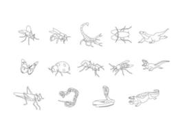 insekter, reptiler amfibier linje ritning ClipArt uppsättning vektor