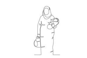 ein wandernd Frau halten ihr Baby vektor