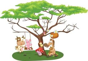 Illustration von wilden Tieren in der Nähe des großen Baumes vektor