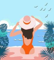 flicka i baddräkt och hatt på stranden. sommar vila vektor