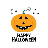 süßer lächelnder Kürbischarakter mit fröhlichem Halloween-Schriftzug vektor