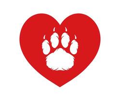 kärlek hundar, djur, sällskapsdjur, valpar, kattungar, katter. röd hjärta med hund katt vit Tass fot skriva ut inuti. symbol av kärlek. vektor isolerat. vykort, emblem, ikon, skriva ut, Kläder, omslag, klistermärke, skjorta
