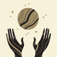 voll Mond, Sterne und Hände mystisch Symbol Hand gezeichnet eben Vektor Illustration. Rituale, Horoskop, Lebensstil, Purnima Tag. Design Element zum Poster, drucken, Karte, T-Shirt, Vorlage