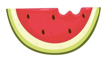 ein Scheibe von Wassermelone, Schnitt Stück von reif saftig gebissen Beere, Farbe Vektor Illustration im rot und Grün Schatten