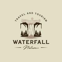 Wasserfall Logo Vektor Jahrgang Illustration Vorlage Symbol Grafik Design. erkunden das Natur Zeichen oder Symbol zum Reise oder Design drucken zum Hemd mit retro Typografie Stil Konzept