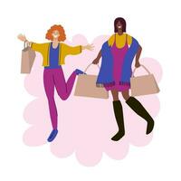 zwei glücklich Frauen mit Einkäufe. Einkaufen Mädchen. Mädchen mit Papier Taschen vektor