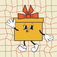 groovig Weihnachten Geschenk im modisch retro Karikatur Stil. fröhlich Weihnachten und glücklich Neu Jahr Gruß Karte, Poster, drucken, Party Einladung, Hintergrund. vektor