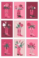 uppsättning av kort eller posters med buketter av blommor i cowboy stövlar. vektor grafik.