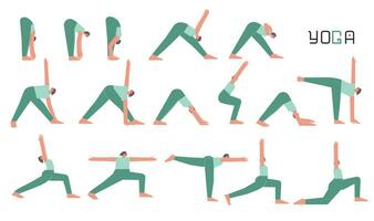 Vektor eben isoliert Konzept Sammlung mit weiblich Charakter tun Yoga. kaukasisch Frau lernt Dehnen Körperhaltungen mit biegen. einstellen von Sport Balance Übung zum Anfänger