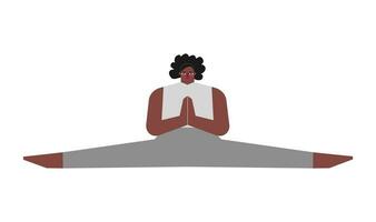 Vektor isoliert Konzept mit eben weiblich Charakter. stark afrikanisch amerikanisch Frau lernt Dehnen Haltung und tut Seite Teilt beim Yoga Klasse. Basic Übung zum Anfänger - - Samakonasana