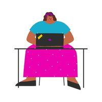vektor platt isolerat illustration. latin kvinna sitter på tabell och Arbetar uppkopplad på bärbar dator i coworking Plats. livsstil av upptagen frilansare. lady är professionell webb designer och den chef