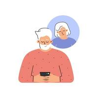 Vektor isoliert eben Konzept. Karikatur Figuren. kaukasisch Alten Mann sendet SMS auf Telefon zu seine Senior Freundin. Handy, Mobiltelefon App zum online Dating und Romantik. Gadgets zum Kommunikation von alt Menschen