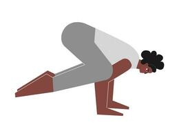 Vektor Illustration mit eben weiblich Körper positiv Charakter. sportlich afrikanisch amerikanisch Frau lernt Haltung Kakasana beim Yoga Klasse. Fitness Übung - - Krähe Pose