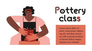 vektor illustration. afrikansk amerikan kvinna lär till göra söt keramisk pott. text krukmakeri klass och kopia Plats för baner design. konst session är terapi och kreativ hobby till ha kvar mental hälsa