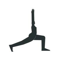 Vektor isoliert Illustration mit eben schwarz Silhouette von weiblich Charakter. sportlich Frau lernt Stärkung Yoga Haltung. Fitness Übung - - Halbmond Pose hoch Ausfallschritt. minimalistisch Design