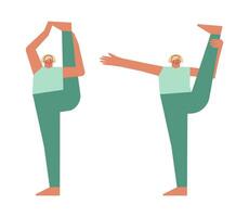 vektor isolerat begrepp med platt kvinna tecken. caucasian vuxen blond kvinna lär balansering hållning och gör vertikal stående dela på yoga klass. atletisk person gör stretching övning