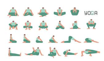 Vektor eben isoliert Illustration Sammlung mit weiblich Charakter tun Yoga. europäisch Frau lernt entspannend Sitzung Körperhaltungen zum Meditation. einstellen von Basic Sport Übung zum Anfänger