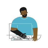 Vektor isoliert eben Konzept mit deaktiviert Person. Karikatur afrikanisch amerikanisch Kerl hat künstlich Gliedmaßen Arm. Mann Typen auf Computer Tastatur mit Prothese Hand. adaptiv Technologie zum gewöhnlich Leben