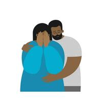 vektor platt illustration handla om mental hälsa i familj, betydelse till Stöd partner i depression och påfrestning. humör gungor av gravid kvinna. afrikansk amerikan Make kramar gråt och upprörd fru