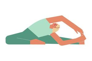 vektor isolerat illustration med platt kvinna karaktär. sportigt kvinna lär sittande hållning parivrtta januari sirsasana på yoga klass. kondition övning - kretsade huvud till knä utgör