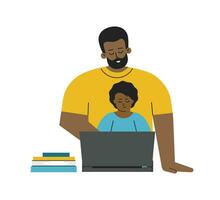 Vektor isoliert eben Illustration. afrikanisch amerikanisch Vater und Baby Mädchen sind Sitzung mit Laptop. online Bildung wie Teil von Zuhause Schulung im Quarantäne Zeit, Herstellung Hausaufgaben mit Eltern Hilfe