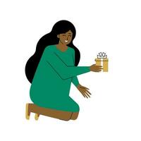 vektor isolerat platt illustration. tecknad serie kvinna med mörk hud är bär i grön klänning. hon ger gyllene gåva låda. vuxen flicka är huk, leende. begrepp för jul eller Semester hälsning kort