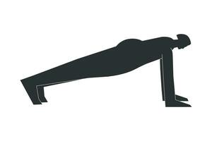 Vektor isoliert Illustration mit eben schwarz Silhouette von weiblich Charakter. sportlich Frau lernt Yoga Haltung Planke Pose. Fitness Übung Ich und minimalistisch Linolschnitt