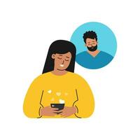 Vektor isoliert Konzept. eben Karikatur Stil. glücklich gut aussehend kaukasisch Frau ist SMS auf Telefon mit ihr Freund. Handy, Mobiltelefon App zum online Datierung. Anfang von romantisch Beziehung durch modern Gadgets