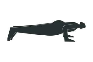 Vektor isoliert Illustration mit eben schwarz Silhouette von weiblich Charakter. sportlich Frau lernt Yoga Haltung chaturanga. Fitness Übung - - viergliedrig Mitarbeiter Pose. minimalistisch Linolschnitt