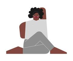 vektor isolerat illustration med platt kvinna afrikansk amerikan karaktär. stark kropp positiv kvinna lär stretching hållning och gör ko ansikte utgör på yoga klass. sportigt övning - gomukhasana