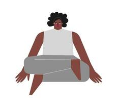 Vektor isoliert Konzept mit eben Körper positiv Charakter. sportlich afrikanisch amerikanisch Frau lernt Dehnen Asana und tut Feuer Log Pose beim Yoga Klasse. Basic Fitness Übung - - agnistambhasana