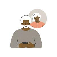 Vektor isoliert eben Konzept. afrikanisch amerikanisch Alten Mann sendet Botschaft auf Telefon zu seine Senior Gattin. Handy, Mobiltelefon App zum online Dating und Beziehung. Gadgets zum Kommunikation von alt Menschen